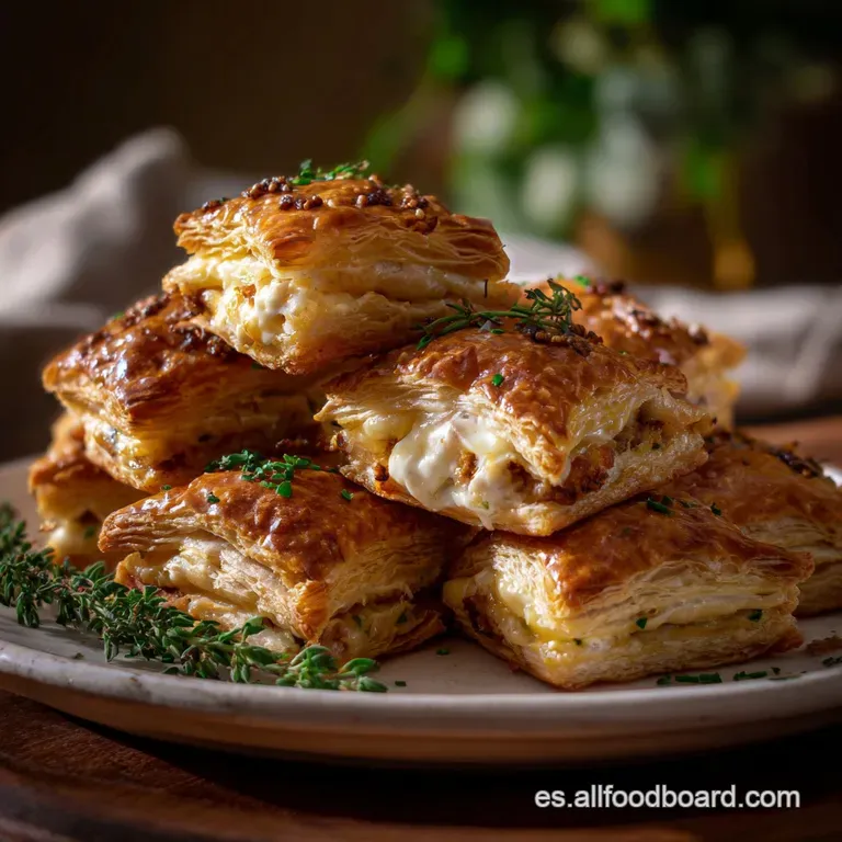 Elegant plate showcasing layers of the savory pastry. The flaky crust offers a satisfying texture contrasted with the fill...