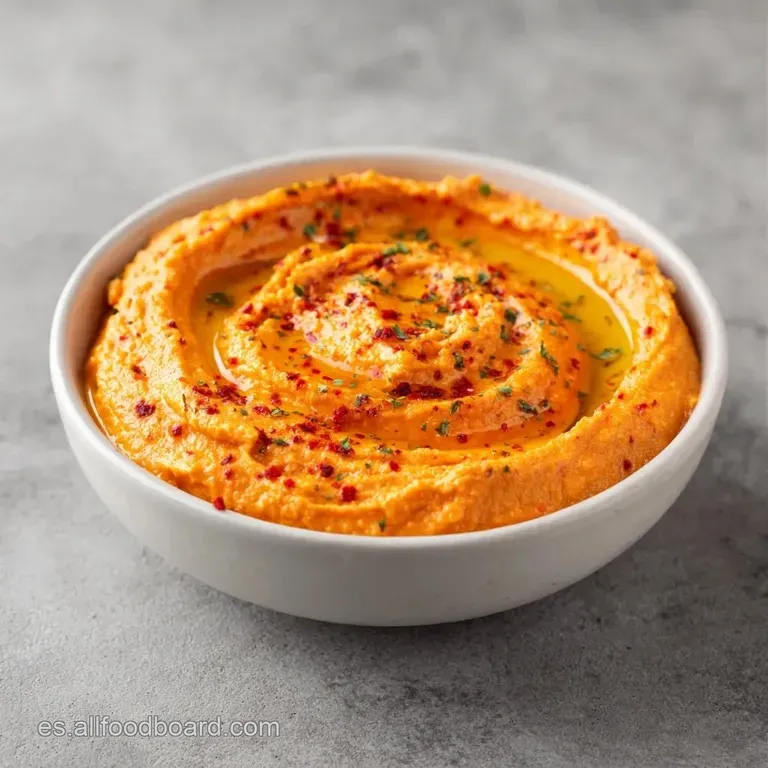 Trazo aterciopelado de pur&eacute; rojizo sobre plato cer&aacute;mico, adornado con gotas de aceite brillante y hojas verdes frescas.