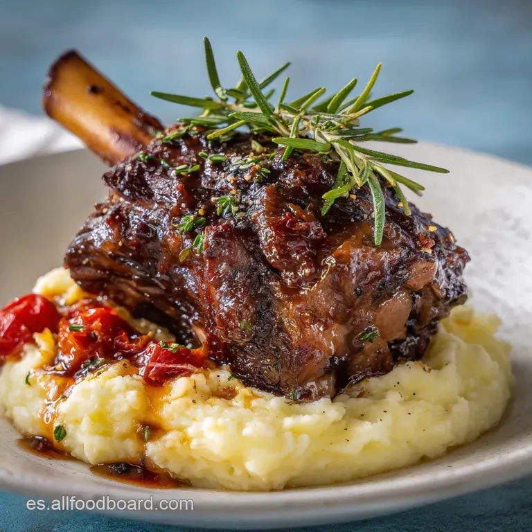 A tender lamb shank glistening with savory sauce, plated over creamy mashed potatoes and vibrant green asparagus spears.