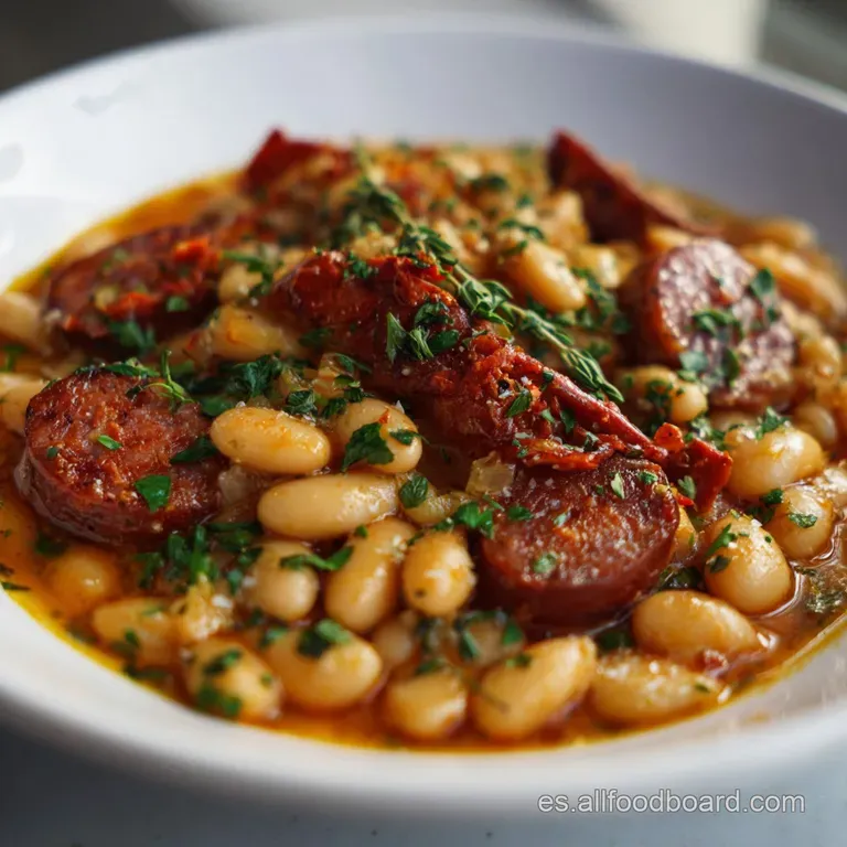 A spoonful of hearty bean and chorizo stew, showcasing the rich color, texture, and aroma of rustic Spanish comfort food.