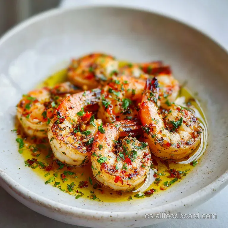 A rustic earthenware dish brimming with tender langostinos swimming in fragrant, golden garlic oil and herbs.