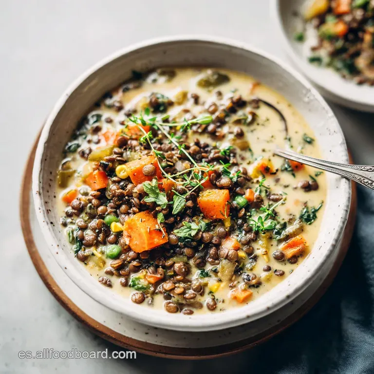 Lentil stew served in a white bowl with a sprinkle of fresh herbs, steam rising, inviting and rustic.