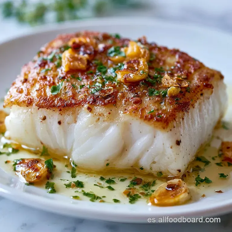 Filete de pescado blanco con costra crujiente marr&oacute;n, decorado con gotas de aceite verde y flores comestibles minimalistas.