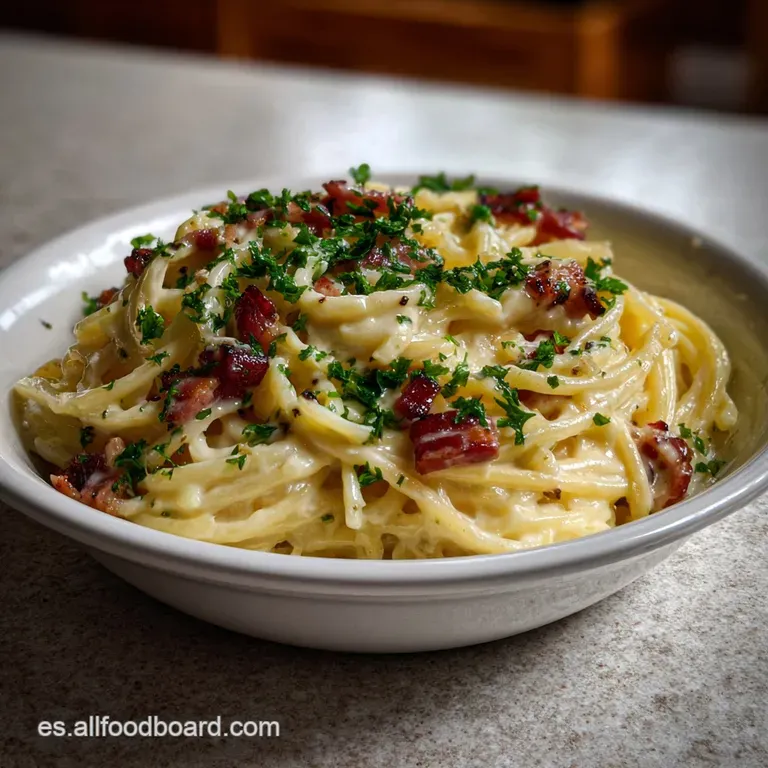 Elegant carbonara plate: glossy egg yolk nestles among twirled pasta, sprinkled with parsley and crispy pancetta pieces.