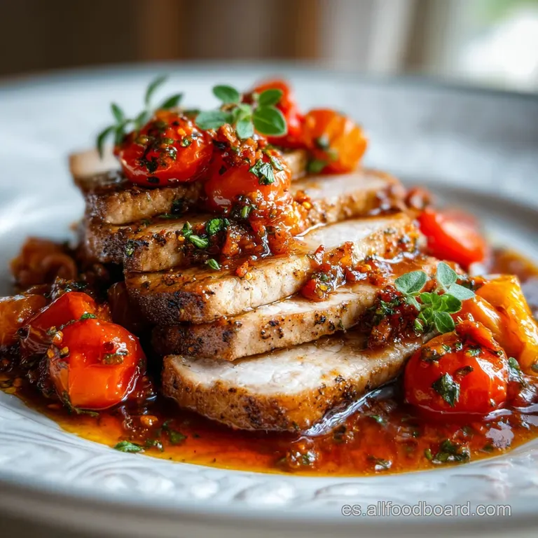 Glossy pork cubes glistening in thick tomato sauce, elegantly plated with a sprinkle of fresh herbs for vibrant color.