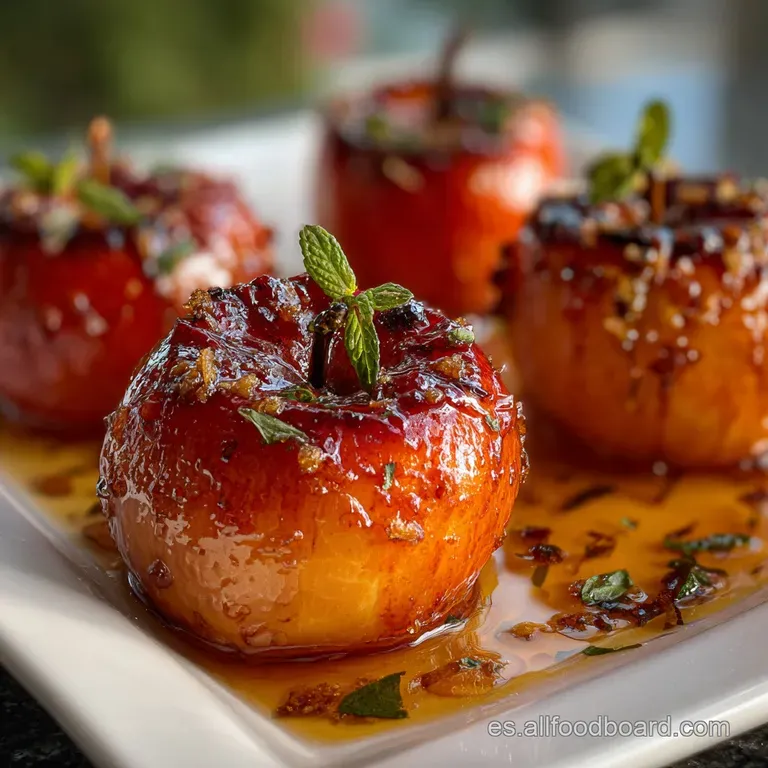 Elegant baked apple half with candied skin, a shimmering wine reduction, garnished with a cinnamon stick and star anise.