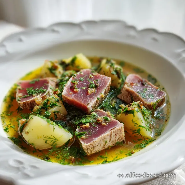 Elegant bowl of Basque tuna stew. Flaky tuna pieces, tender potatoes and bright red peppers in a flavorful, savory broth. ...