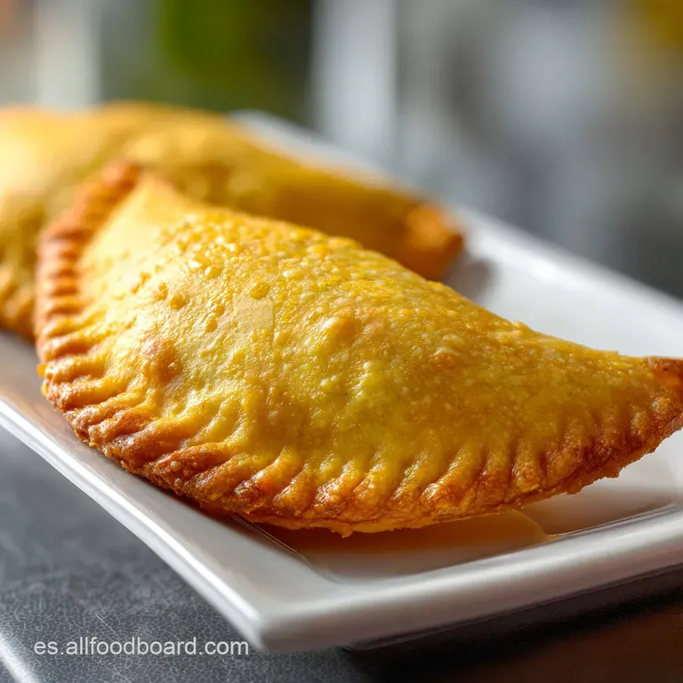 Perfectly formed empanadilla on a white plate, flaky crust catching the light. A simple, elegant presentation.