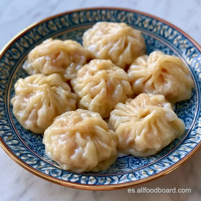 Dumplings blancos con pliegues delicados dispuestos en un plato cer&aacute;mico oscuro, resaltando su textura suave y brillante.