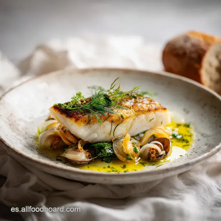 A perfectly cooked merluza fillet nestled on a white plate, adorned with parsley and a drizzle of emerald oil.