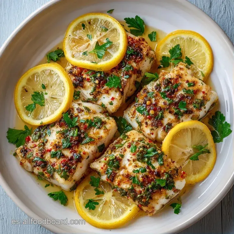Disposici&oacute;n minimalista de pescado blanco tostado, rodajas de lim&oacute;n brillante y gotas de aceite sobre loza blanca.
