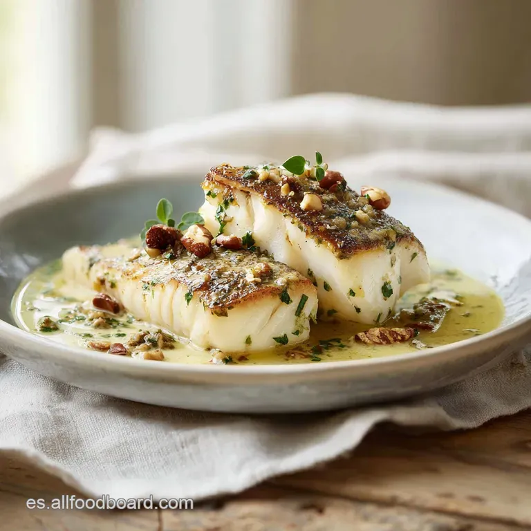 Elegant white plate showcasing a portion of tender white fish in rich, ruby-red sauce with a sprinkle of parsley.