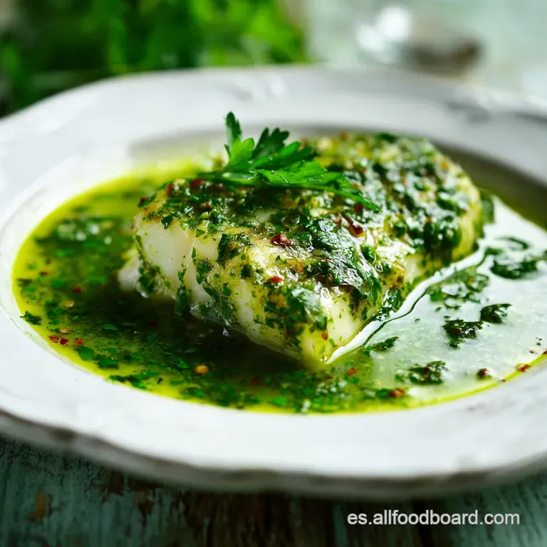 Elegant plate of tender white fish bathed in bright green sauce, garnished with fresh herbs, promising a delicate flavor.
