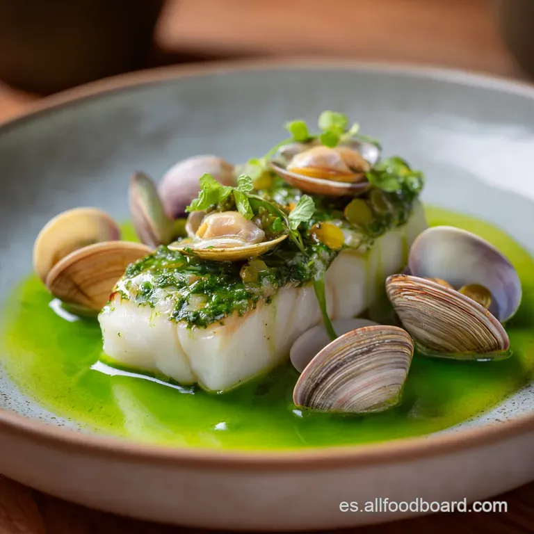 Filetes de pescado blanco dispuestos con elegancia, cubiertos de crema verde sedosa y decorados con perejil fresco.