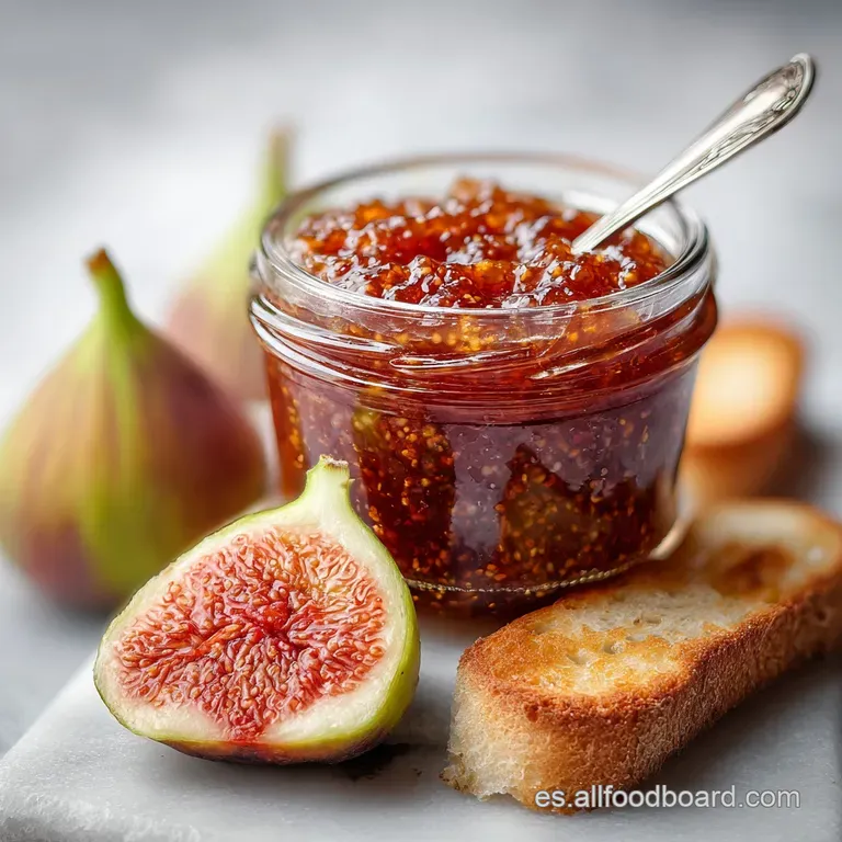 A spoonful of rich, dark fig jam oozes onto a toasted baguette slice, showcasing the spreadable texture and flecks of fig.