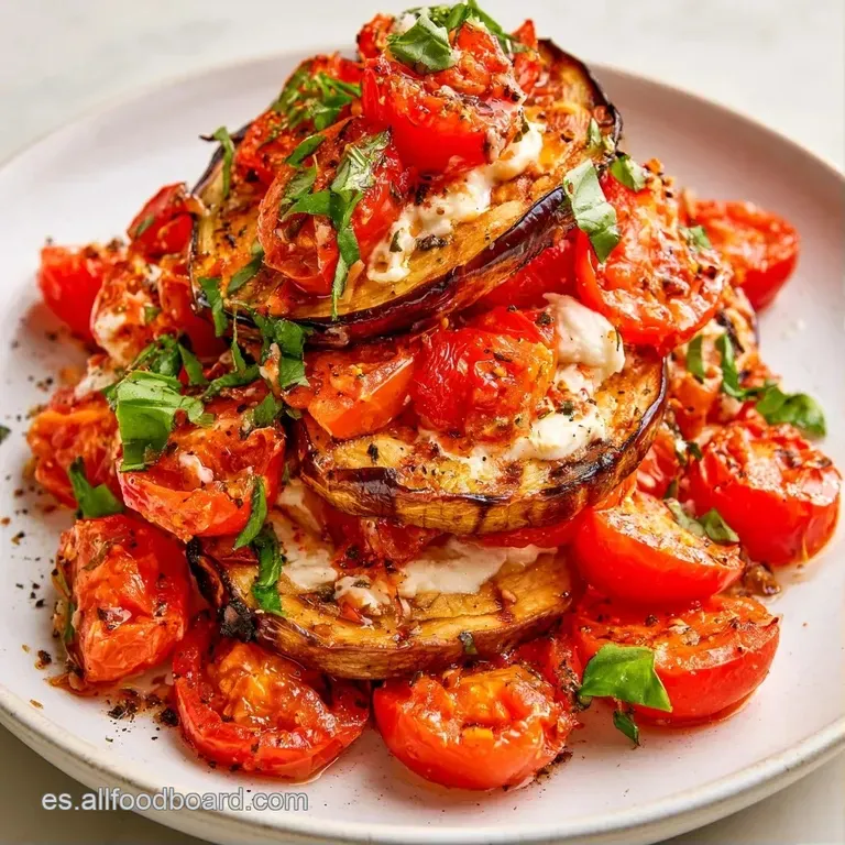 Torre de láminas de berenjena tostadas con queso blanco cremoso, decorada con hojas verdes frescas y gotas de aceite.