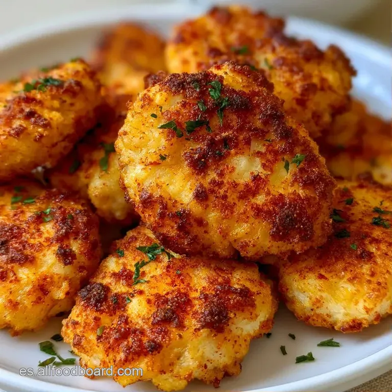 Piezas crujientes alineadas con precisión junto a un cuenco de salsa cremosa y una rama de perejil sobre fondo neutro.