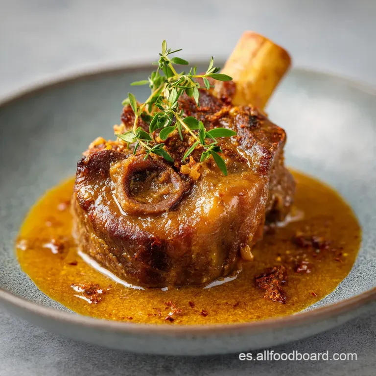 Plato blanco con carne braseada jugosa, salsa espesa color caoba y un toque de perejil fresco picado sobre la superficie.