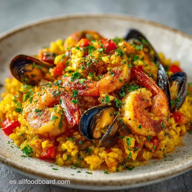 Plato humeante con granos de arroz brillantes, rodaja de lim&oacute;n fresco y perejil picado sobre mariscos jugosos.