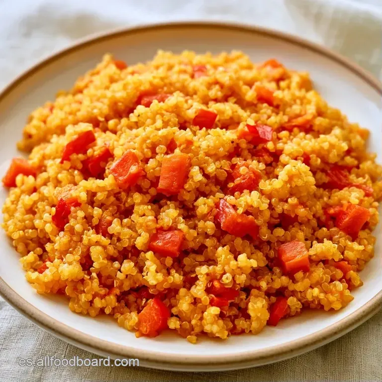 Plato hondo con quinoa amarilla brillante, adornado con tiras de pimiento rojo y hojas de perejil verde muy fresco.