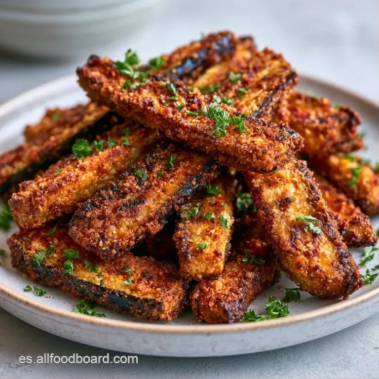 Bastones de vegetal rebozado apilados artísticamente con hojas de perejil fresco y gotas de salsa en un plato oscuro.