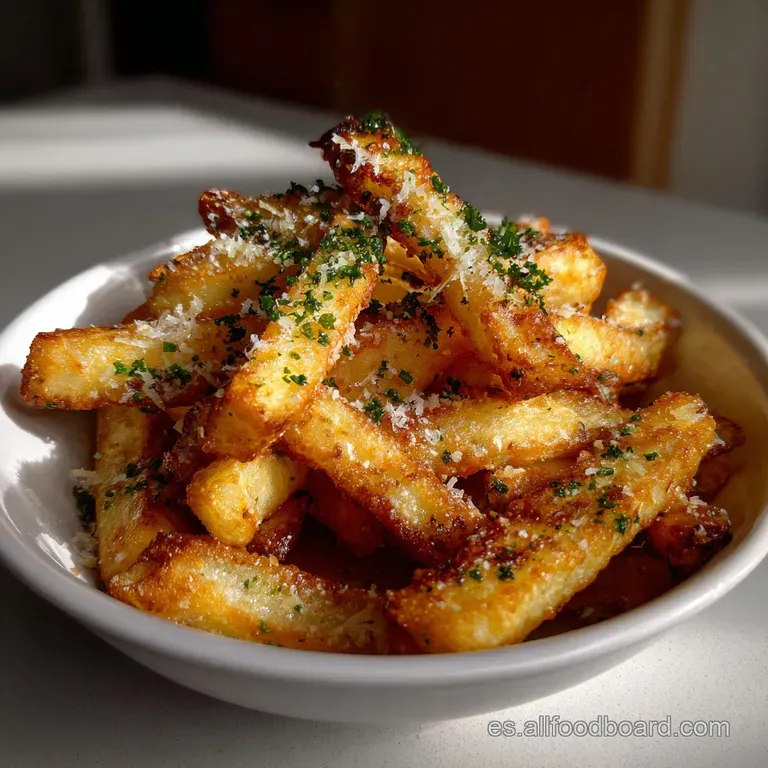 Artfully arranged fries on a white plate, showcasing the contrasting textures of crispy exterior and fluffy interior, with...