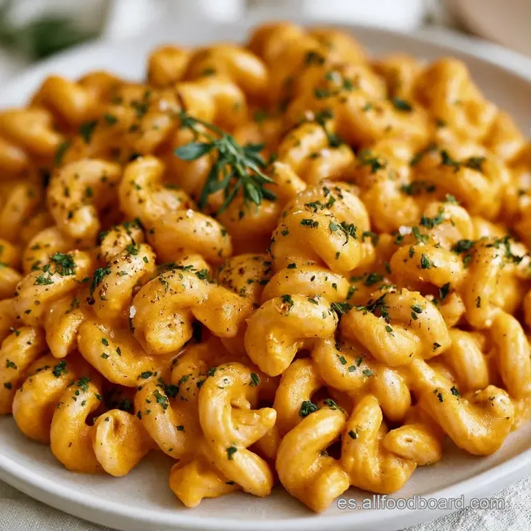 Pasta cremosa de color naranja intenso decorada con lluvia de queso blanco y una hoja verde sobre cerámica blanca.