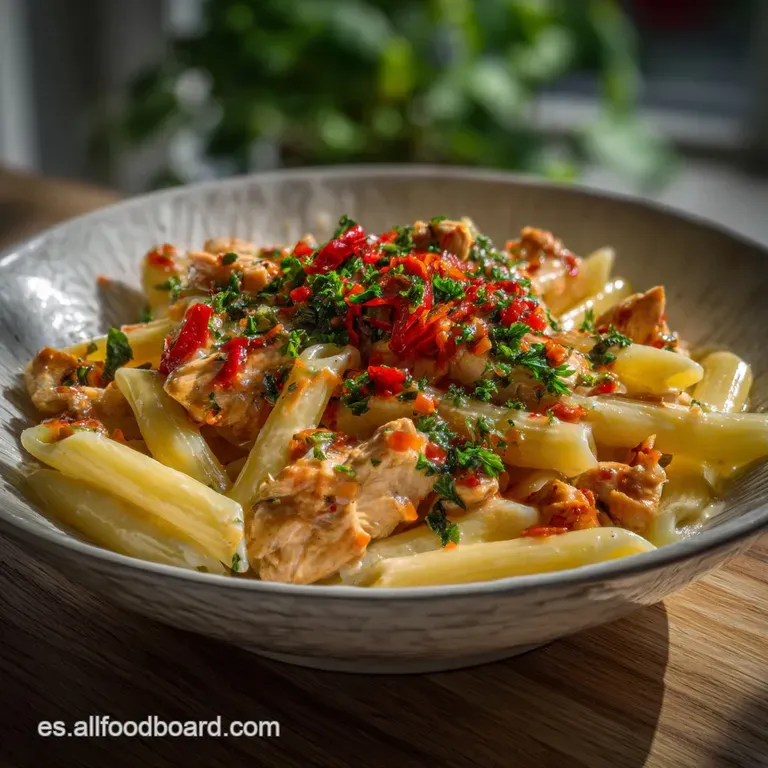 Creamy, ivory pasta twirled elegantly beside tender chicken pieces, vibrant green parsley, and a drizzle of olive oil.