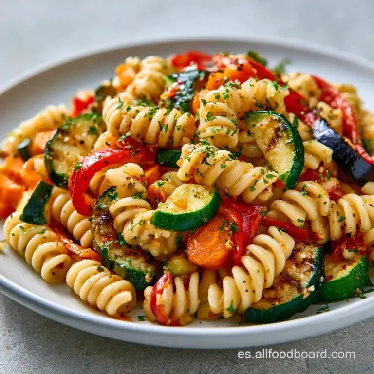 Plato blanco con pasta fría y verduras caramelizadas en tonos naranja y verde, bañadas en un ligero aceite brillante.