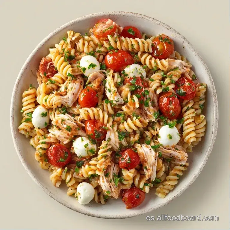 Pasta en espiral dispuesta con elegancia sobre plato blanco, adornada con trozos rojos y verdes brillantes y crema.