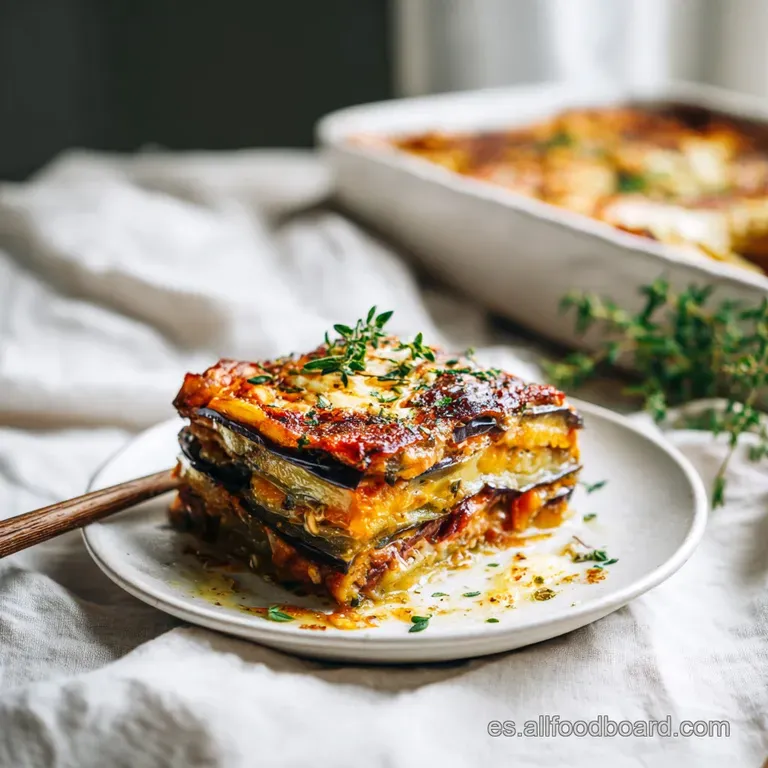 Slice of eggplant casserole on a white plate, steam rising, showcasing layers of soft eggplant, rich sauce, and browned to...