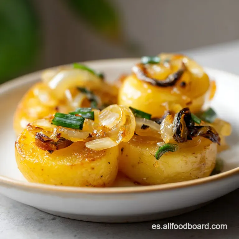 Montaje cuidado de patatas tiernas y embutido sobre plato blanco, decorado con perejil fresco y un caldo anaranjado.