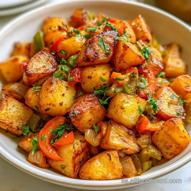 Montón ordenado de patatas tiernas y amarillas adornado con tiras de pimiento verde sobre un plato blanco minimalista.