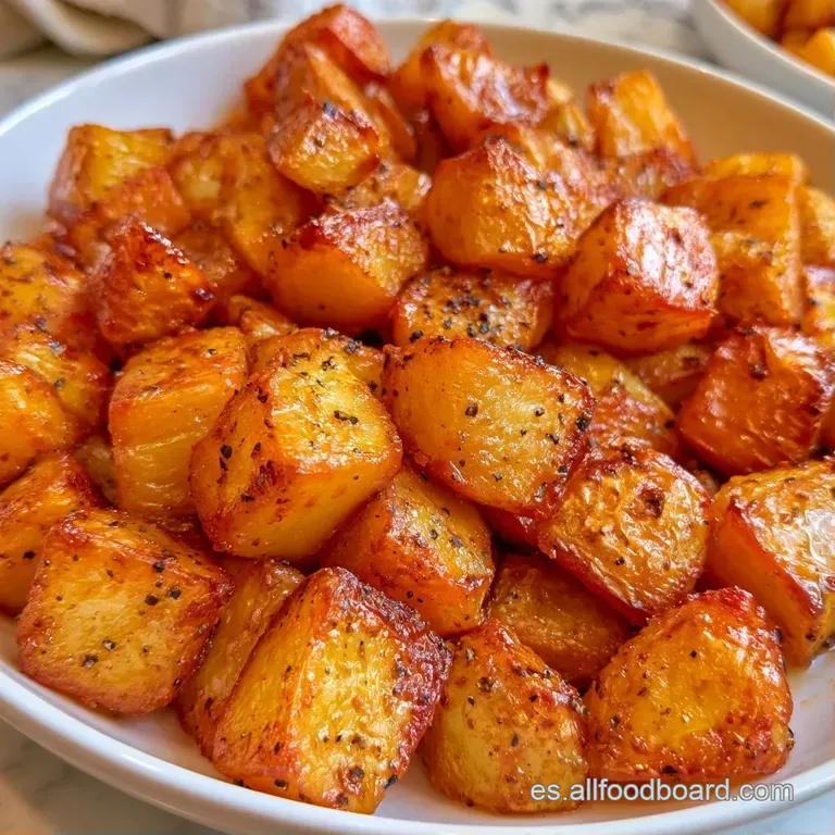 Montículo de patatas asadas color ámbar con bordes tostados, servidas sobre papel craft con una rama de romero.