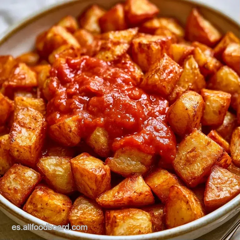 Montón de patatas amarillas crujientes con hilos de salsa roja intensa y crema blanca, adornado con perejil verde fresco.