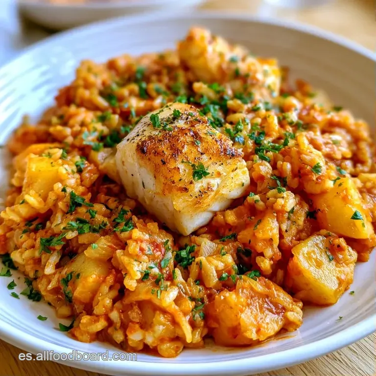 Montaje cuidado de arroz blanco brillante, lascas de bacalao jugoso y patatas redondas adornadas con perejil fresco.