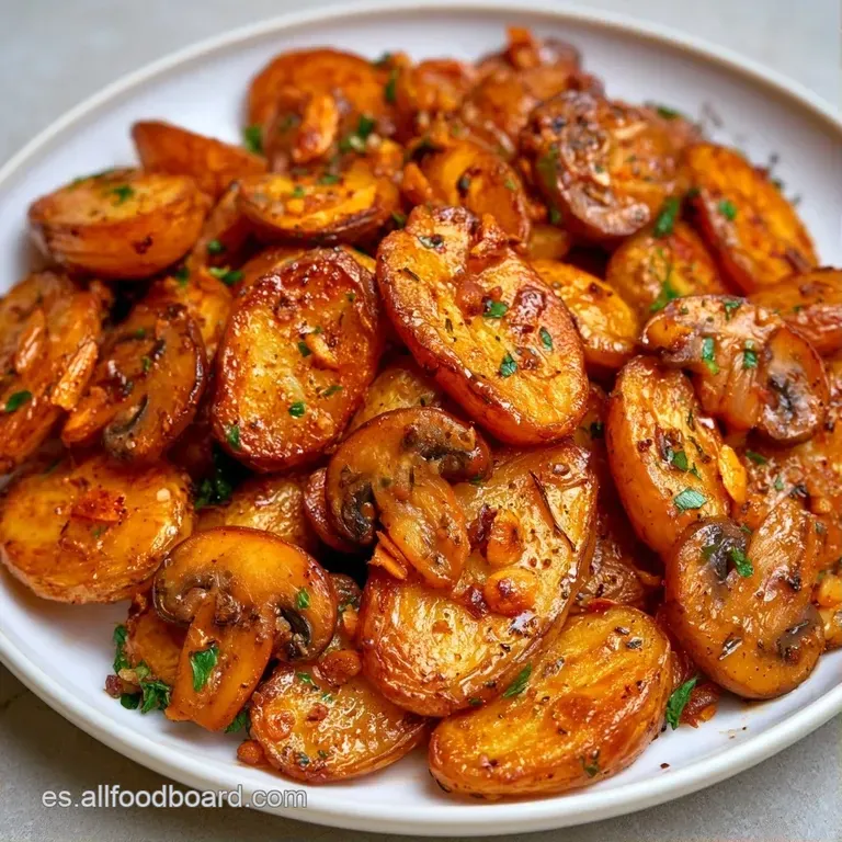 Porción ordenada de patatas crujientes y hongos brillantes, decorada con hierbas verdes sobre cerámica oscura mate.