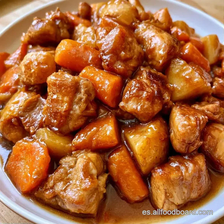 Plato hondo con guiso espeso y brillante, adornado con perejil fresco picado sobre piezas de pollo jugosas y suaves.