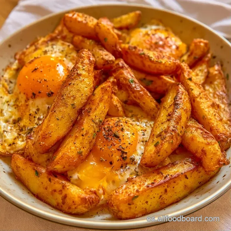 Patatas fritas amarillo intenso dispuestas en plato blanco con huevos cuajados y un toque de perejil verde fresco.