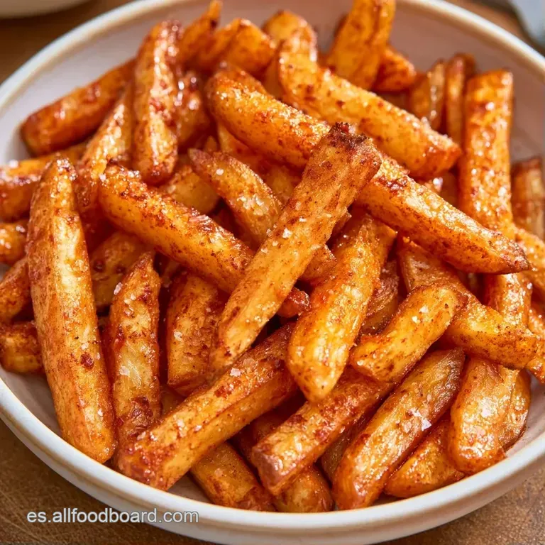 Montaña ordenada de patatas amarillas brillantes junto a un cuenco de salsa roja espesa en un plato de cerámica gris.
