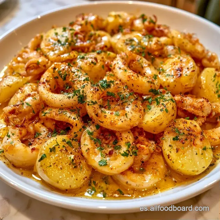 Plato hondo blanco con guiso brillante de calamares y patatas, decorado con hojas de perejil sobre una mesa de madera.