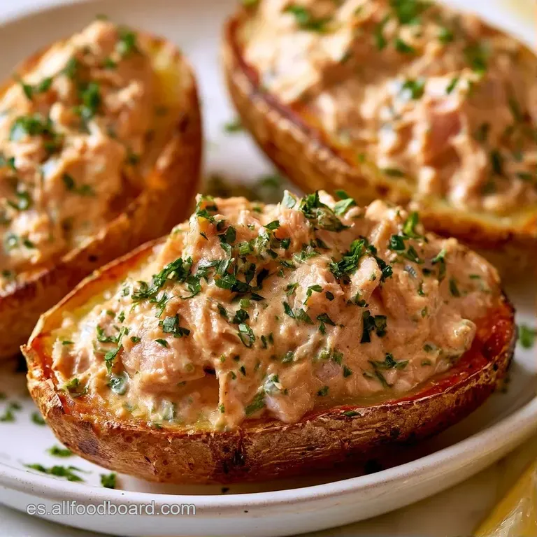 Patatas rellenas servidas en plato blanco, con relleno cremoso, gotas de mayonesa y finas hierbas verdes esparcidas.