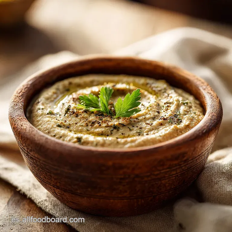 A swirl of smooth, purple eggplant spread in a shallow bowl, drizzled with golden olive oil.