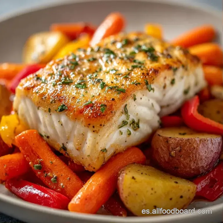 Filete de pescado dorado acompa&ntilde;ado de esp&aacute;rragos verdes y zanahorias brillantes, con un hilo de aceite oliva dorado.