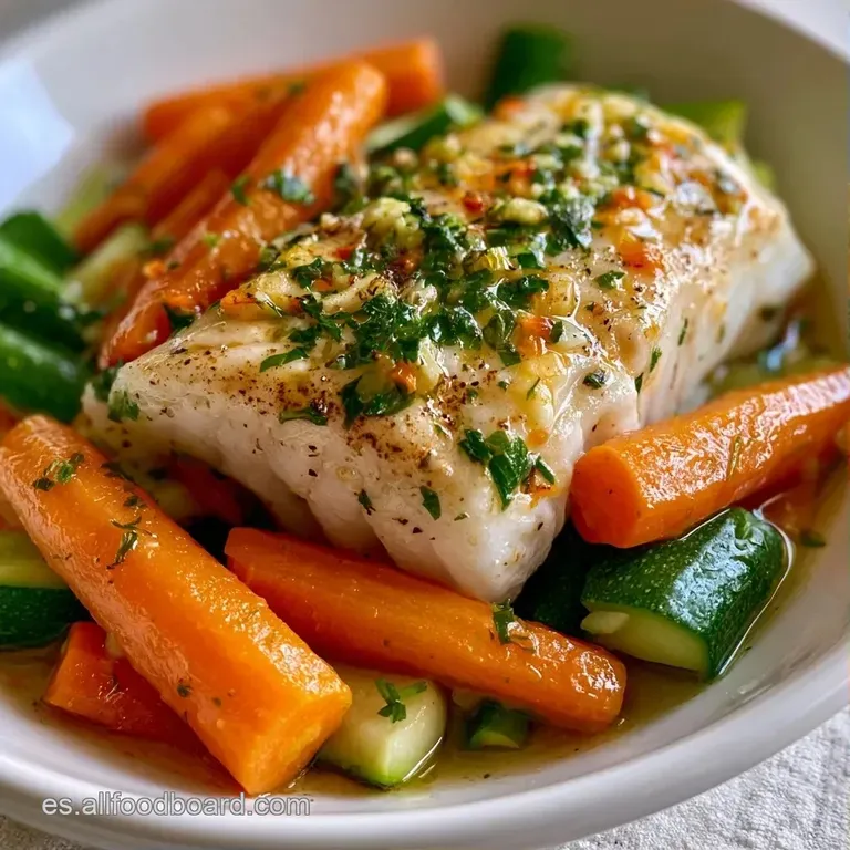 Pescado blanco jugoso sobre cama de verduras al vapor, decorado con perejil fresco y gotas de aceite brillante.