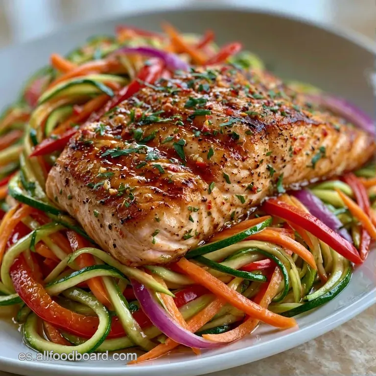 Pescado sellado con costra crujiente acompañado de verduras salteadas y gotas de salsa brillante en plato cerámico.