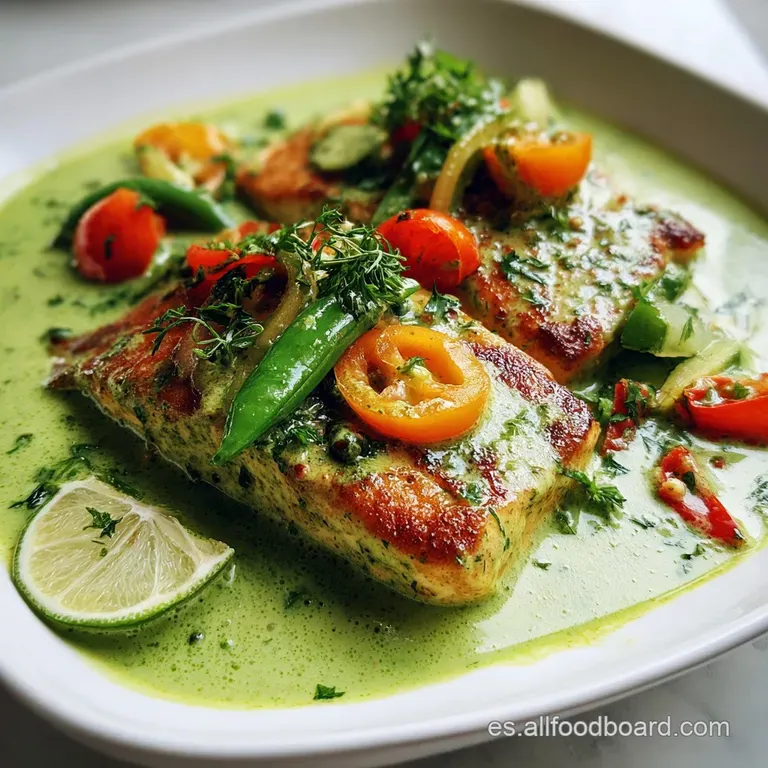 Flaky white fish fillet glistening with bright green sauce, artfully arranged on a white plate with a side of fluffy white...
