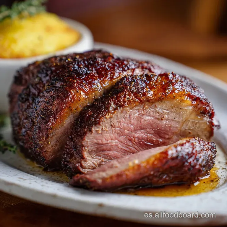 Slices of rosy pink pica&ntilde;a served on a white plate, accented by vibrant green parsley sprigs and a drizzle of rich pan jus.