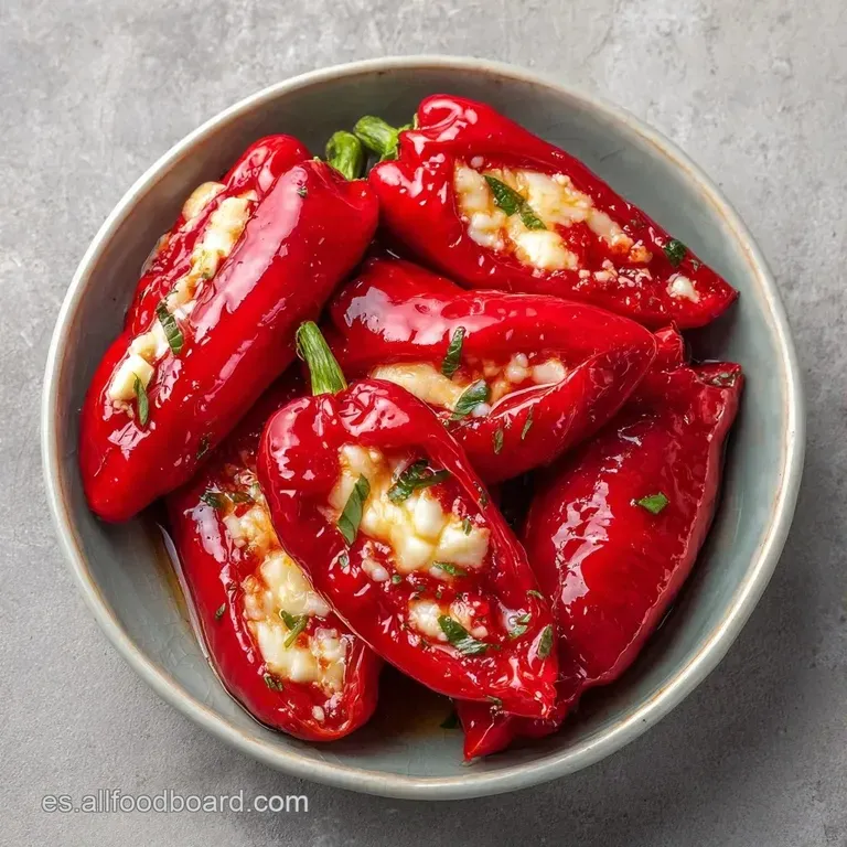 Pimientos brillantes rellenos de crema de bacalao, decorados con perejil fresco y un hilo de aceite sobre fondo neutro.