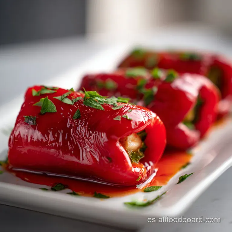 Three vibrant red, stuffed piquillo peppers artfully plated, glistening with olive oil and sprinkled with fresh parsley.